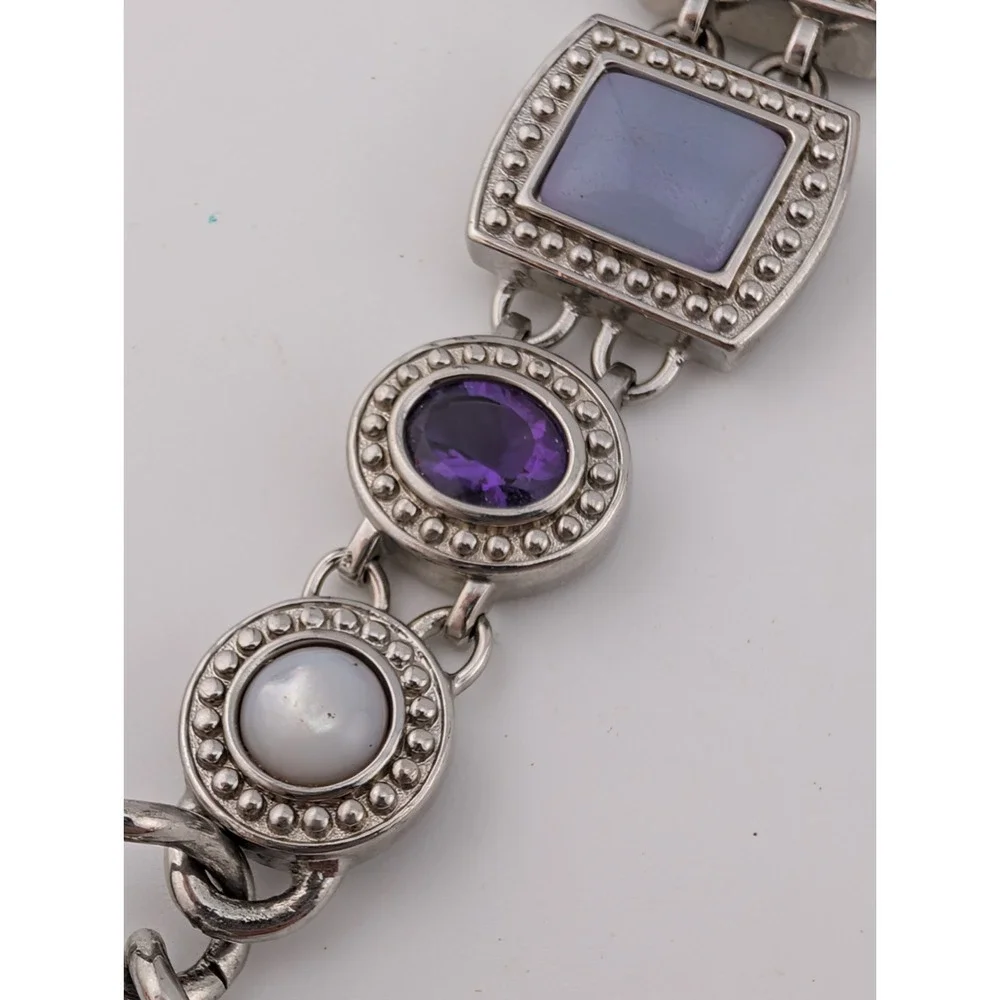 Aria Women's Purple Gemstone Silver Tone Watch MOP Dial 23-569 New Battery